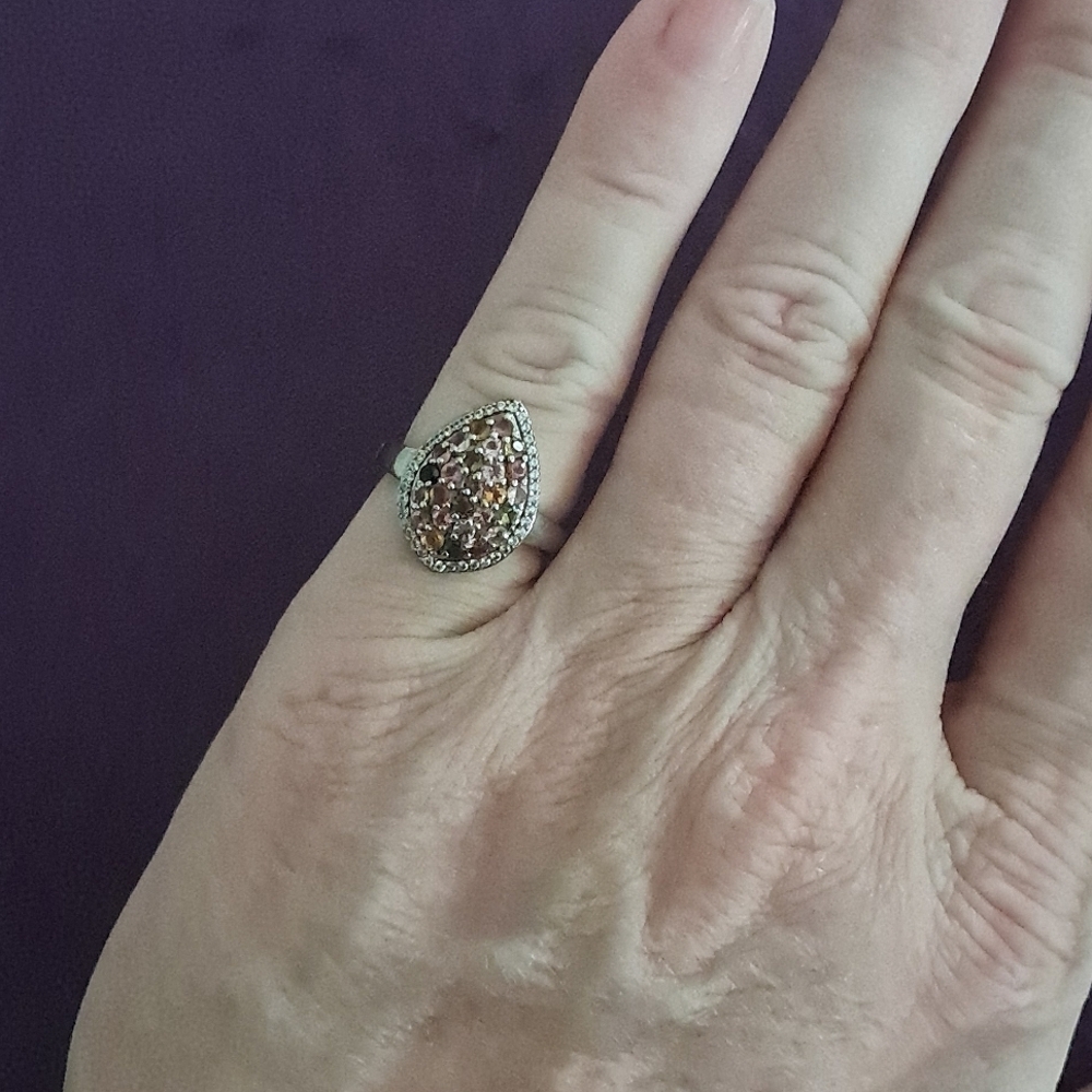 Multi-Tourmaline, White Zircon Pear Shape Cluster Ring in 925 Sterling Silver - Picture 5 of 7